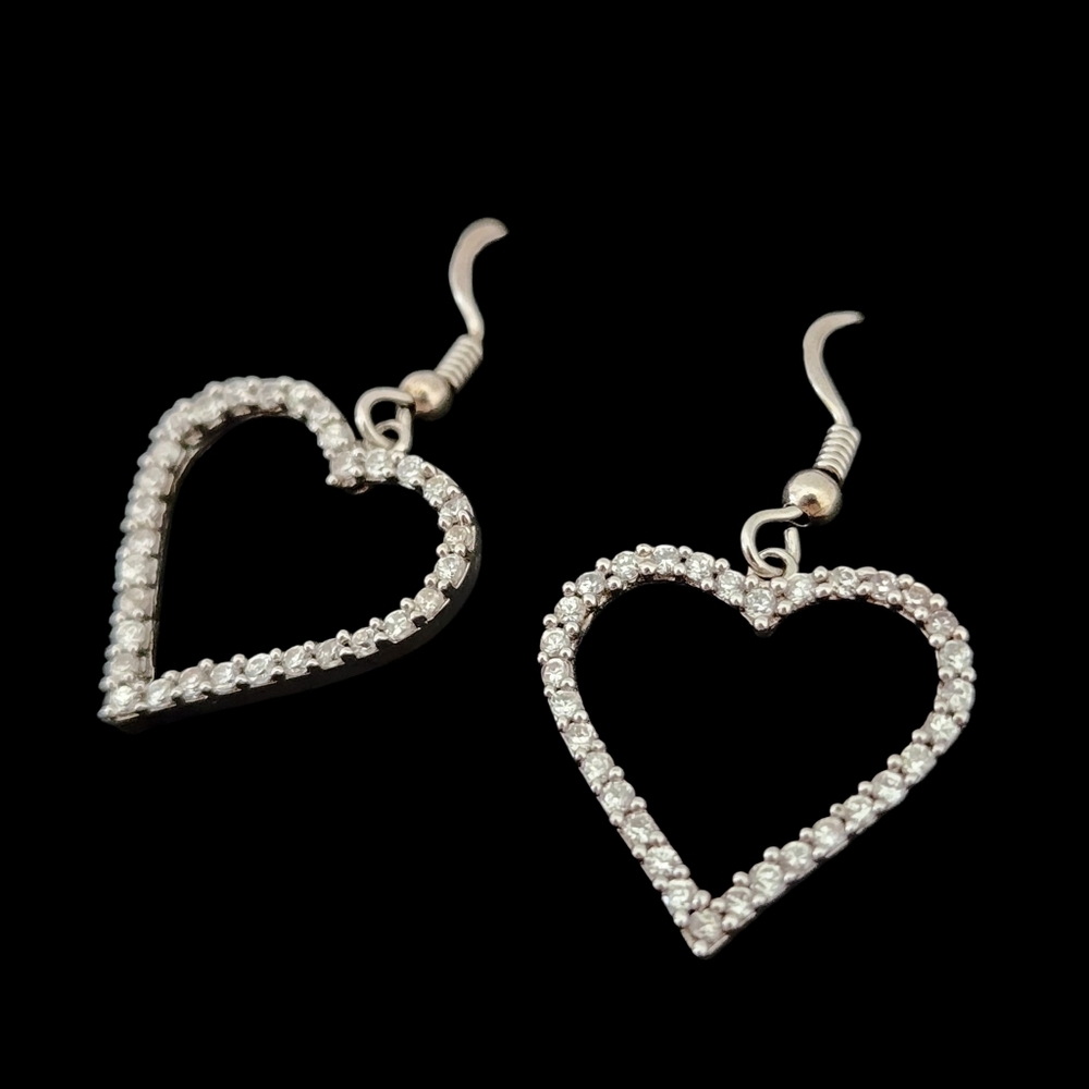 Brilliant CZ Diamonds Pave Heart Earrings Dangle 925 Sterling Silver Hearts